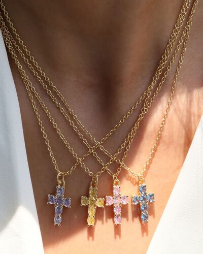 Minimalist Women's 18K Gold Cross Birthstone Necklace