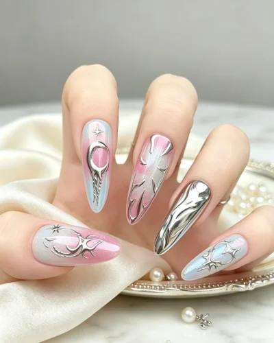 Y2K Pink Blue Chrome Moon Star Almond Press On Nails