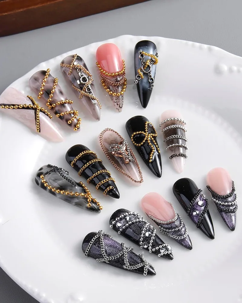 12 Strips Gold Silver Nail Chain Charms with Box - immagine 2