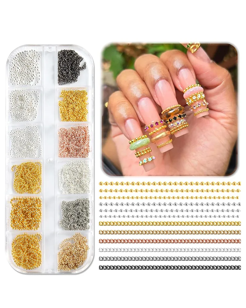 12 Strips Gold Silver Nail Chain Charms with Box