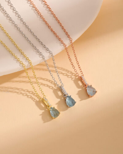 Natural Pear Aquamarine Solitaire Pendant for March Birthday Women