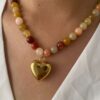 Natural Stone Beaded Necklace with Heart Pendant for Women