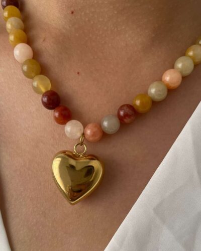 Natural Stone Beaded Necklace with Heart Pendant for Women