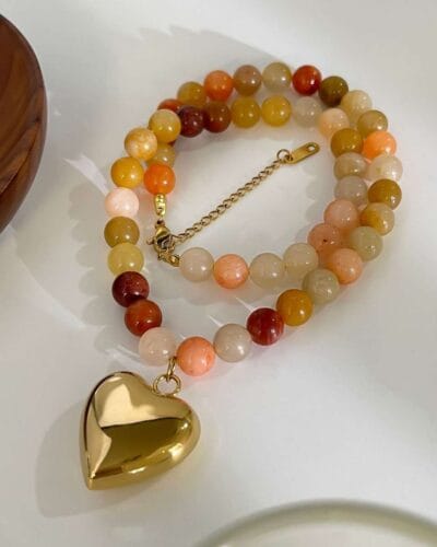 Natural Stone Beaded Necklace with Heart Pendant for Women 3