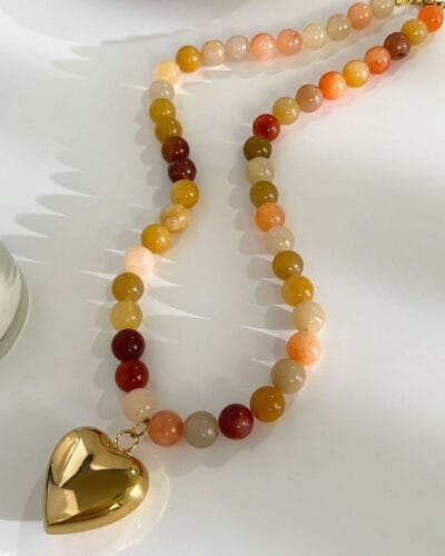 Natural Stone Beaded Necklace with Heart Pendant for Women 7