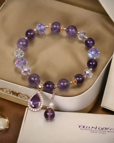Elegant Amethyst Crystal Beads Bracelet with Waterdrop Charm