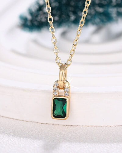 Alternative view of S925 Silver Green Emerald Cut Solitaire Necklace Lock Pendant