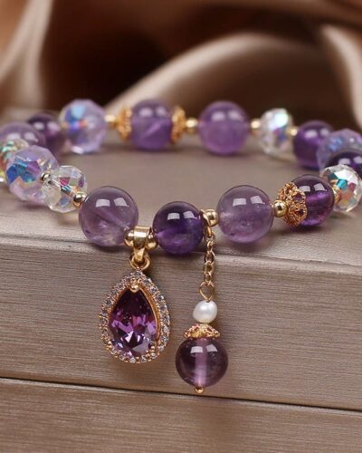 Elegant Amethyst Crystal Beads Bracelet with Waterdrop Charm