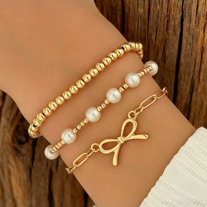 3Pcs Chic Bow Paperclip Chain Pearl Beaded Bracelets Set