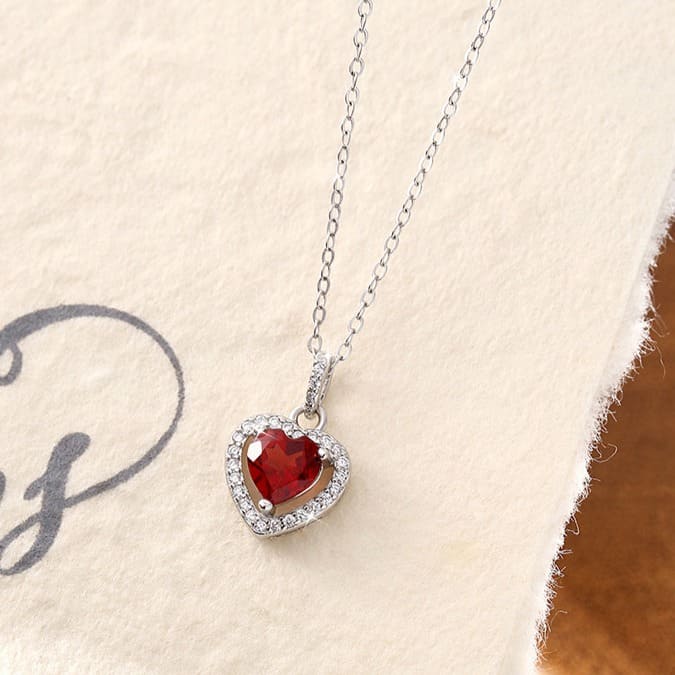 Classic 925 Sterling Silver Garnet Heart Necklace with Cubic Zircon
