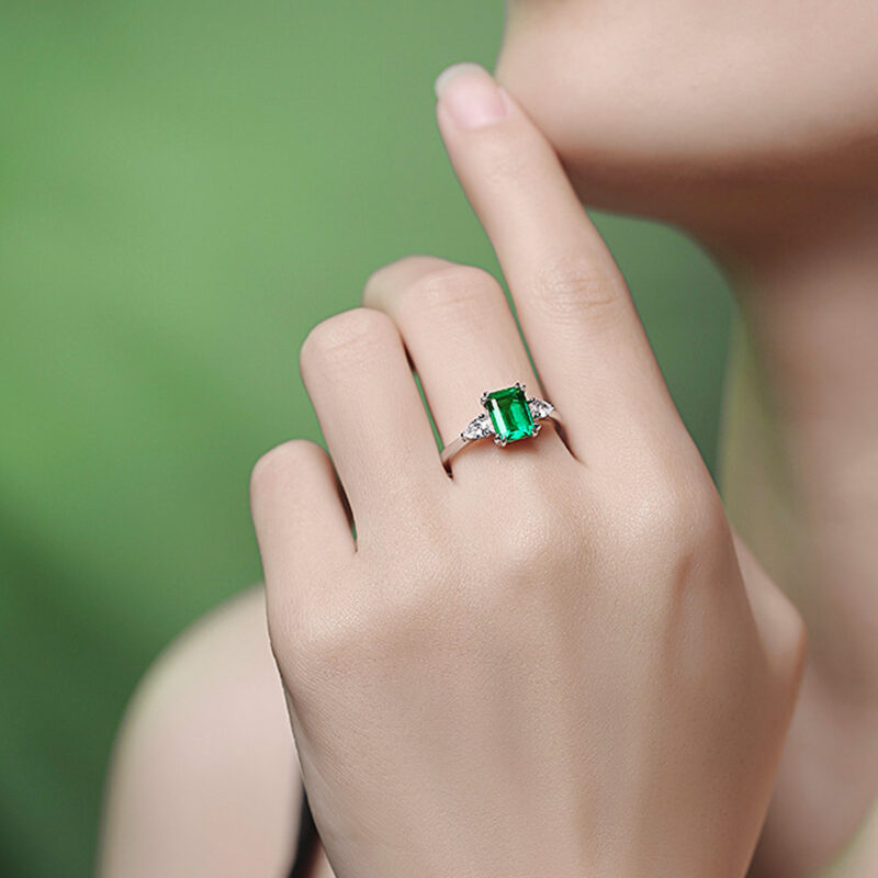 925 Sterling Silver Lab Grown Emerald Ring May Birthday Gift