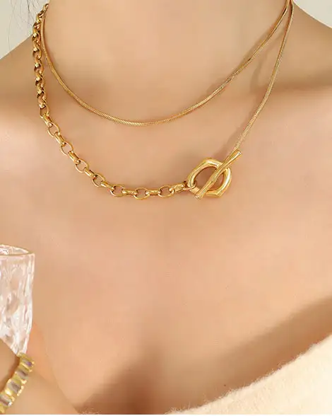 OT Buckle Gold Plated Stainless Steel Womens Long Necklaces 6