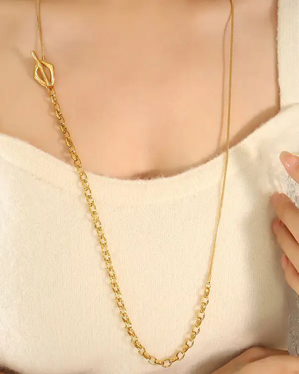 OT Buckle Gold Plated Stainless Steel Womens Long Necklaces - obrazek 3