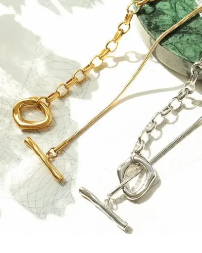 OT Buckle Gold Plated Stainless Steel Womens Long Necklaces 8