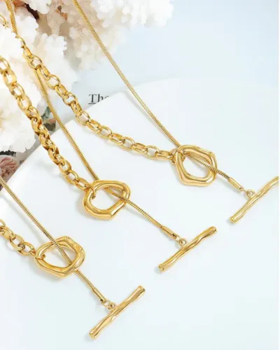 OT Buckle Gold Plated Stainless Steel Womens Long Necklaces 9