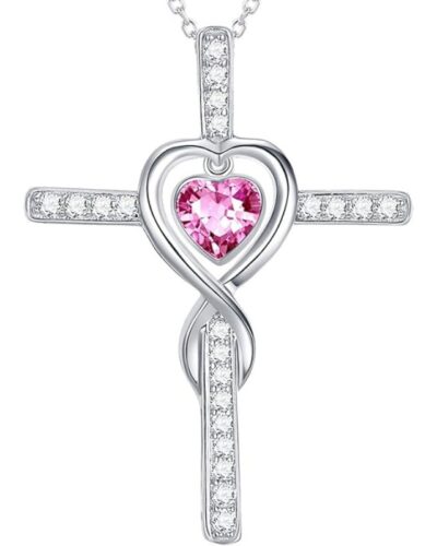 Silver Ladies Birthstone Cross Necklace Pendant