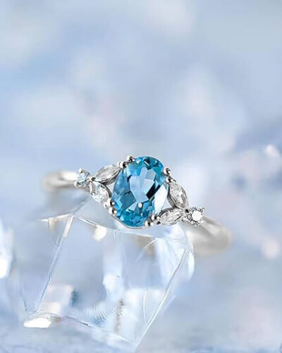 14k Gold Plated Oval Blue Aquamarine Ring for Her