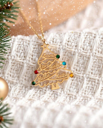 Personalized Family Christmas Tree Necklace Custom Birthstone Gift for Her