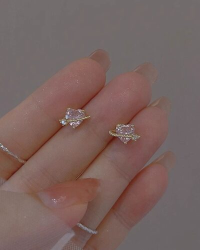 Pink Heart Women Earring with Saturn Ring Design