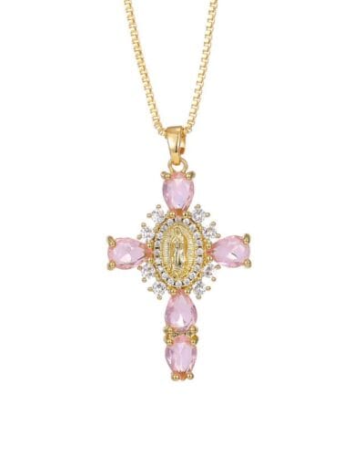 Shiny Zircon Gold Virgin Mary Cross Necklace Pendant