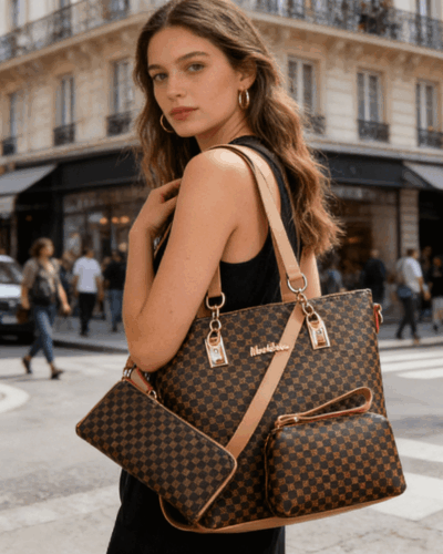Alternativ vy av Plaid Leather Satchel Handbags Shoulder Crossbody Bag 6PCS Set