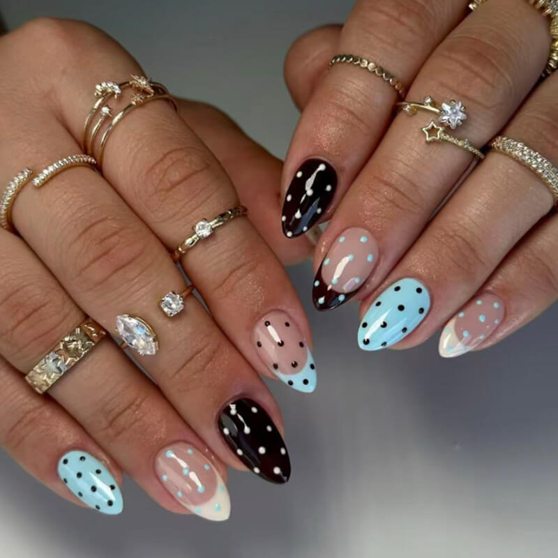 Polka Dot Blue Acrylic Short Almond Nails Medium 11