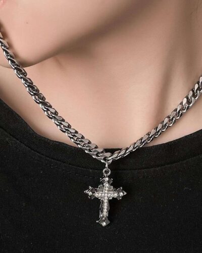 Punk Style Cuban Chain Triple Layered Cross Necklace