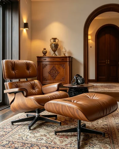 Vaihtoehtoinen näkymä Mid-Century Genuine Leather Swivel Recliner Chair With Ottoman:stä