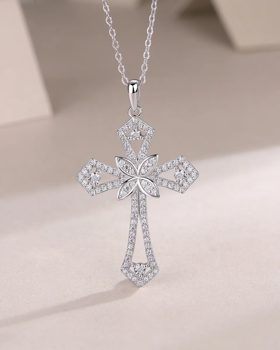 Refined 925 Silver Moissanite Cross Pendant Necklace Gift for Women