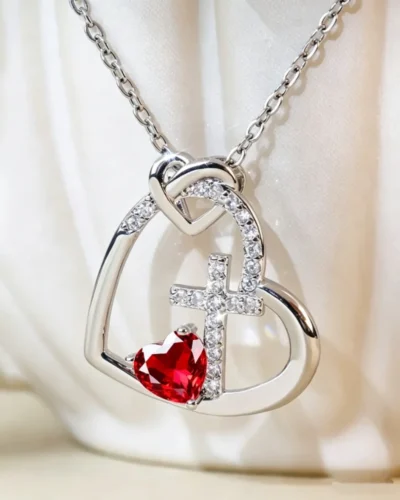 Refined Heart Birthstone Cross Pendant Necklace Mother's Day Gift for Her (1)
