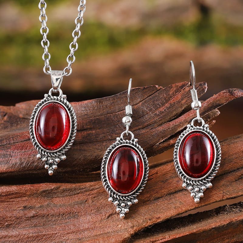 Retro Bohemian Oval Ruby Vintage Necklace Earring