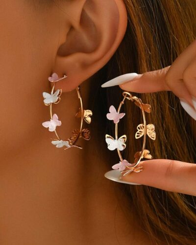 Retro Hoop Earrings with Flying Butterflies Design