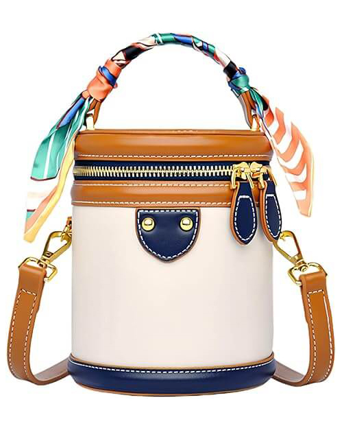 Retro Ladies Leather Bucket Bags Colorblock Cylinder Bag - Afbeelding 7