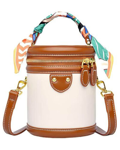 Retro Ladies Leather Bucket Bags Colorblock Cylinder Bag