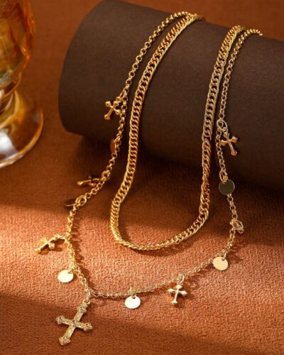 Retro Layered Gold Cross Necklace Tassel Choker
