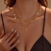Retro Layered Gold Cross Charm Necklace Tassel Choker