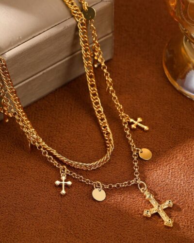 Retro Layered Gold Cross Necklace Tassel Choker