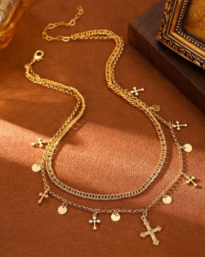 Retro Layered Gold Cross Necklace Tassel Choker