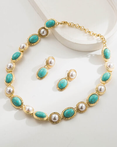 Retro Oval Turquoise Pearl Drop Earrings Necklace Gift Set