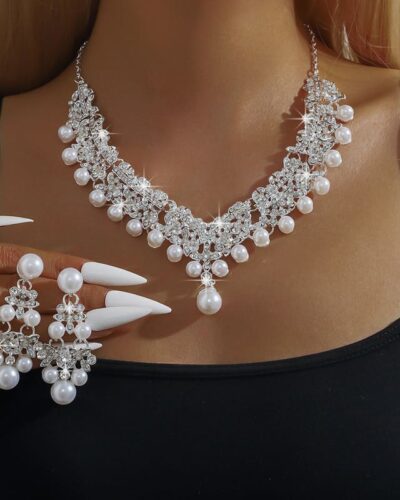 Rhinestone Pearl Necklace and Earring Set for Bride Wedding