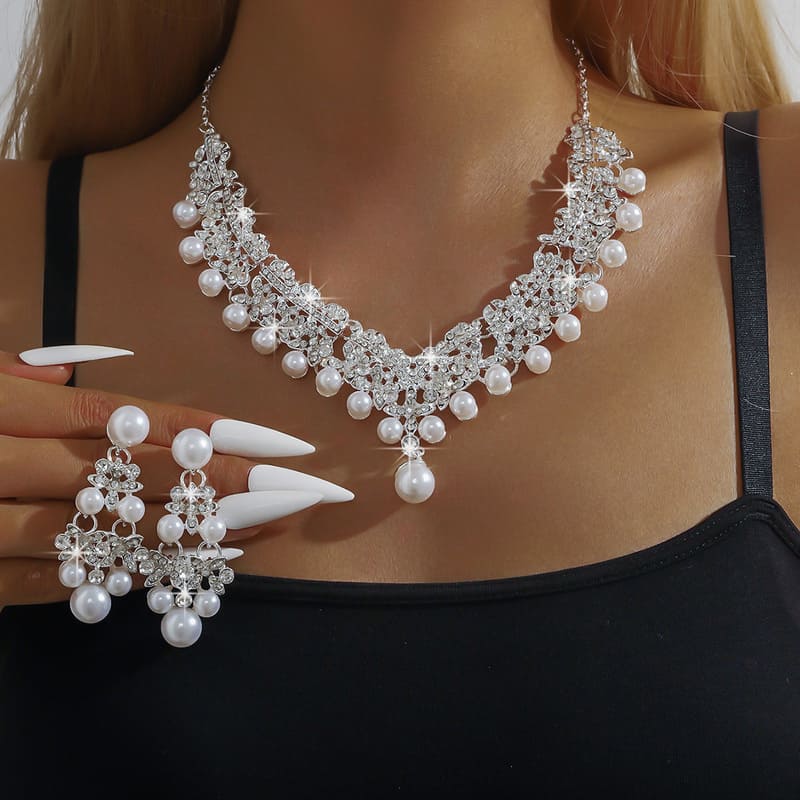 Rhinestone Pearl Necklace and Earring Set for Bride Wedding