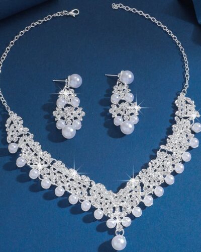 Rhinestone Pearl Necklace and Earring Set for Bride Wedding