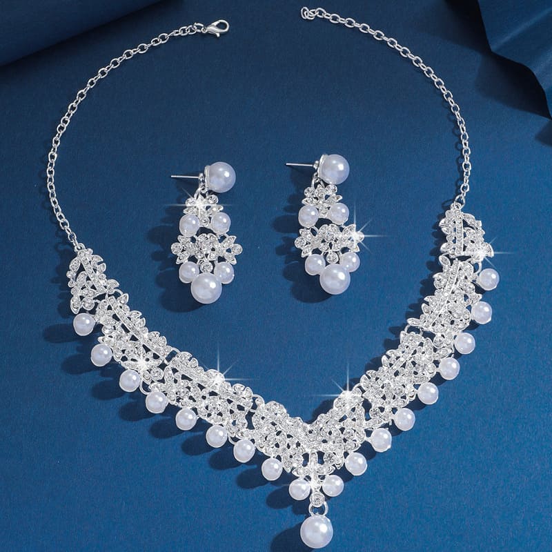 Rhinestone Pearl Necklace and Earring Set for Bride Wedding