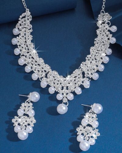 Rhinestone Pearl Necklace and Earring Set for Bride Wedding