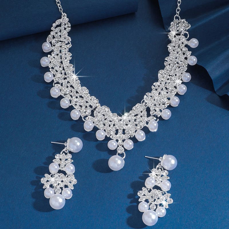 Rhinestone Pearl Necklace and Earring Set for Bride Wedding