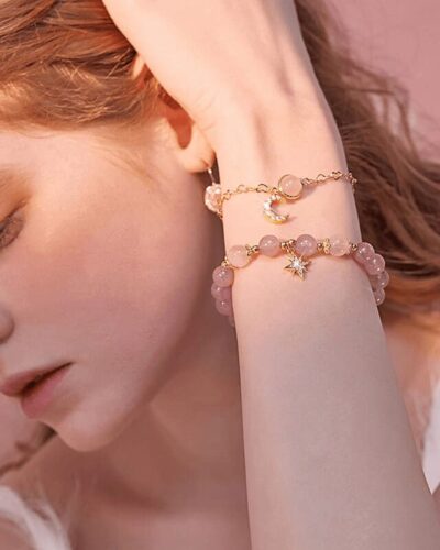 Rose Quartz Bracelet for Love with Moon Star Pendant