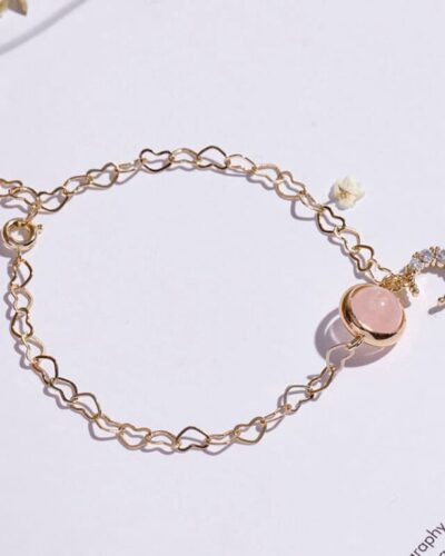 Rose Quartz Bracelet for Love with Moon Star Pendant