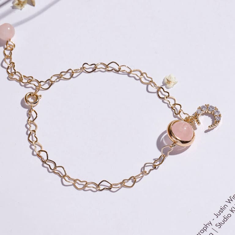 Rose Quartz Bracelet for Love with Moon Star Pendant
