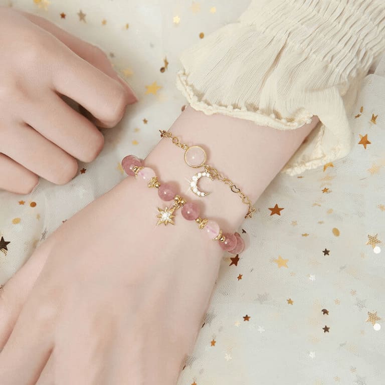 Rose Quartz Bracelet for Love with Moon Star Pendant
