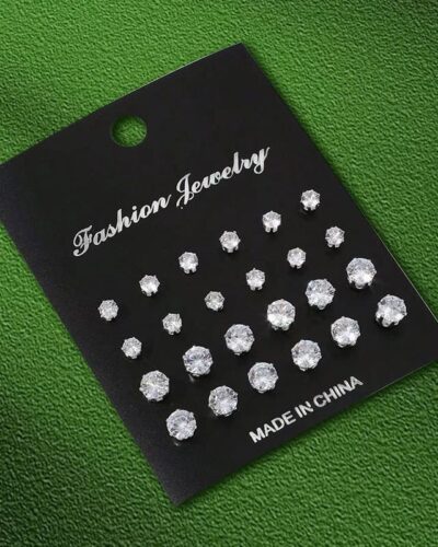 12Pairs Simple Rhinestone Stainless Steel Earring Studs